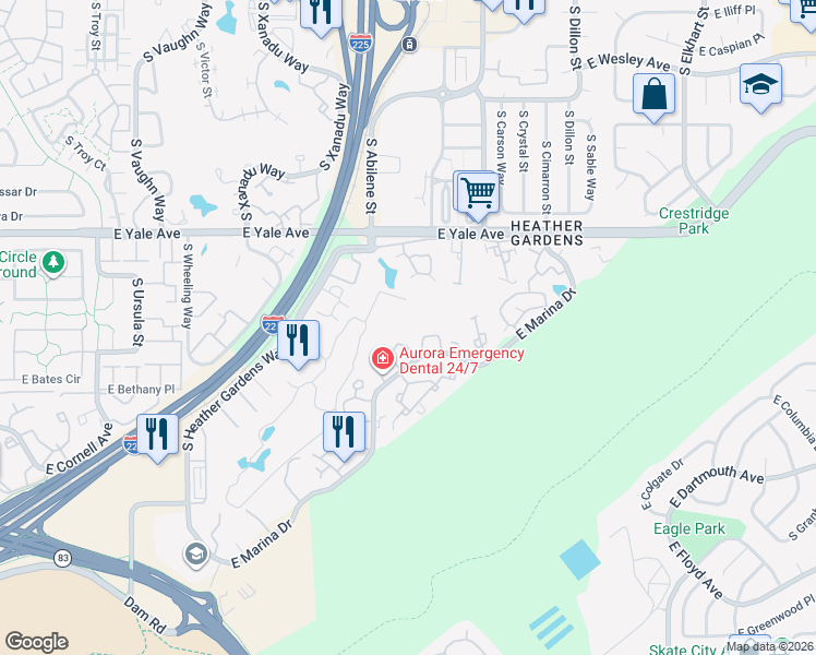 map of restaurants, bars, coffee shops, grocery stores, and more near 13931 East Marina Drive in Aurora