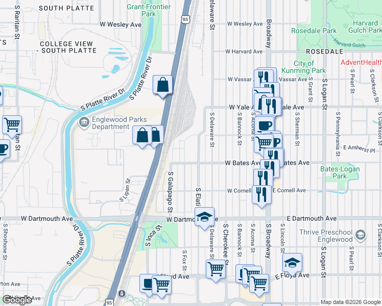 map of restaurants, bars, coffee shops, grocery stores, and more near 501 West Bates Avenue in Englewood
