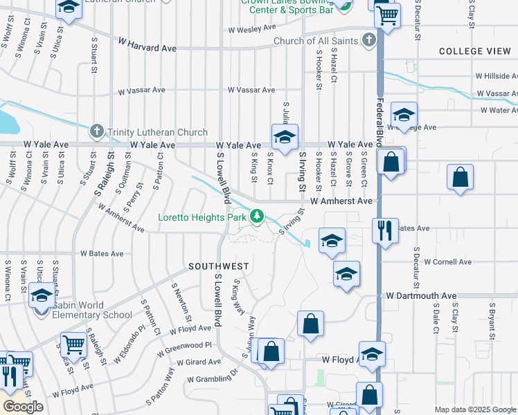 map of restaurants, bars, coffee shops, grocery stores, and more near 3482 West Amherst Avenue in Denver