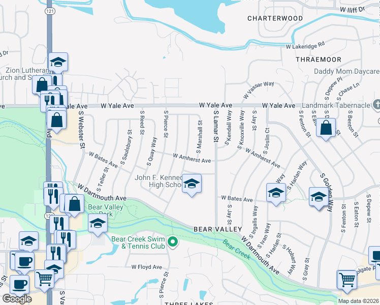 map of restaurants, bars, coffee shops, grocery stores, and more near 2789 South Marshall Street in Lakewood