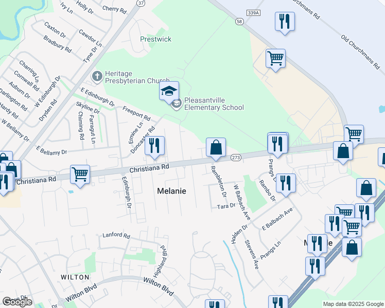 map of restaurants, bars, coffee shops, grocery stores, and more near 182 Christiana Road in New Castle