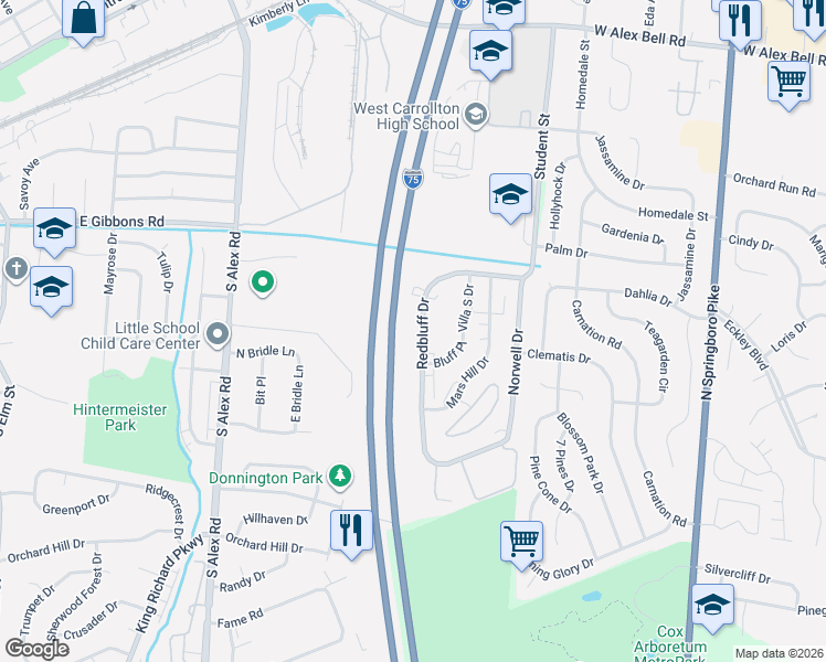map of restaurants, bars, coffee shops, grocery stores, and more near 1221 Redbluff Drive in Dayton