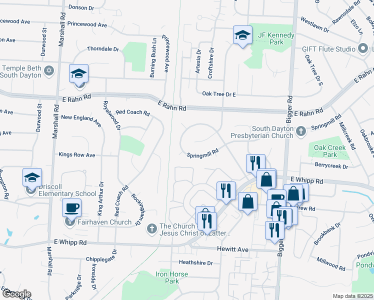 map of restaurants, bars, coffee shops, grocery stores, and more near 2035 Springmill Road in Dayton