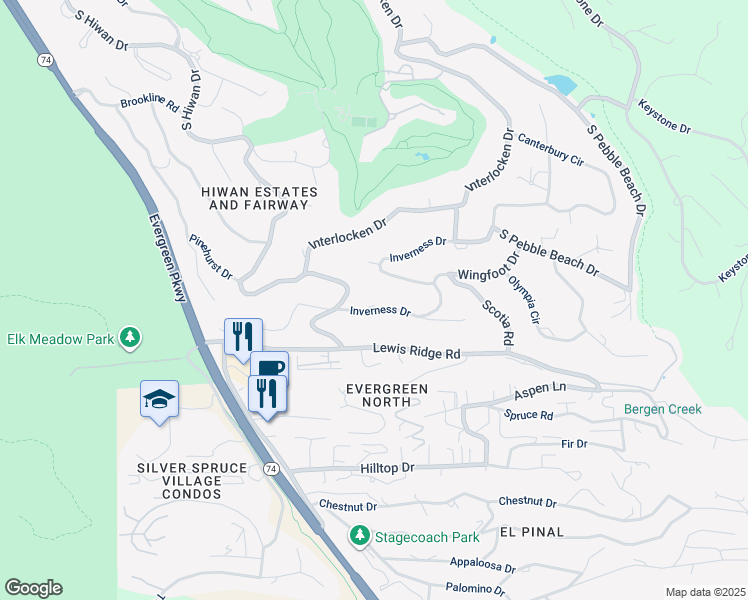 map of restaurants, bars, coffee shops, grocery stores, and more near 33639 Inverness Drive in Evergreen