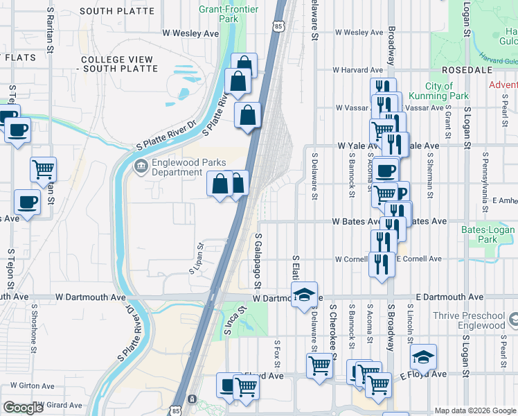 map of restaurants, bars, coffee shops, grocery stores, and more near 2892 South Galapago Court in Englewood