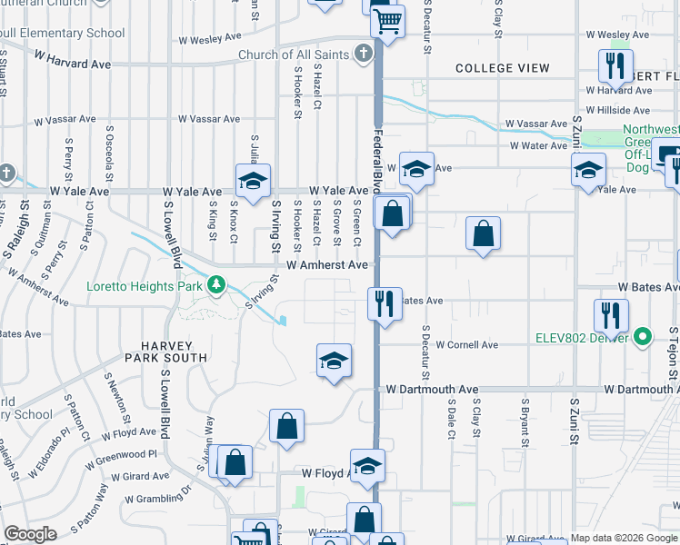 map of restaurants, bars, coffee shops, grocery stores, and more near 3104 West Amherst Avenue in Denver