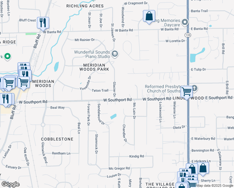 map of restaurants, bars, coffee shops, grocery stores, and more near 6943 Glacier Drive in Indianapolis