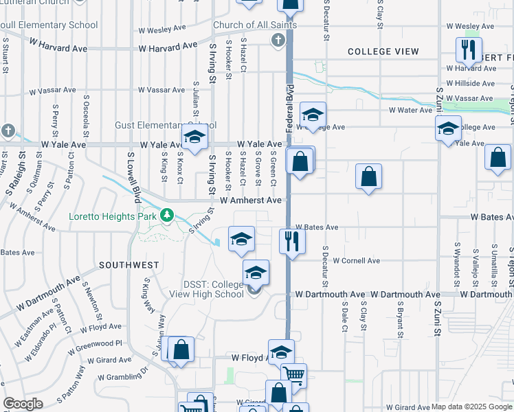 map of restaurants, bars, coffee shops, grocery stores, and more near 3104 West Amherst Avenue in Denver