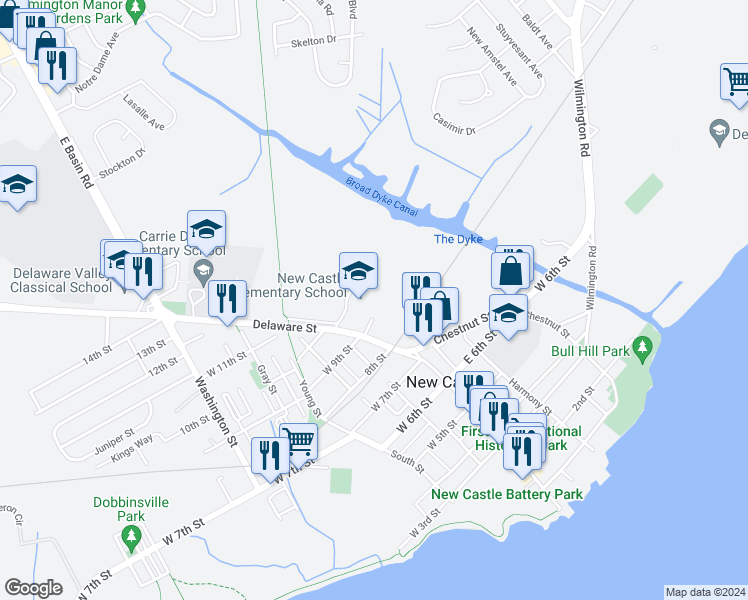 map of restaurants, bars, coffee shops, grocery stores, and more near 901 Delaware Street in New Castle
