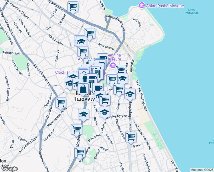 map of restaurants, bars, coffee shops, grocery stores, and more near Tsirogianni in Ioannina
