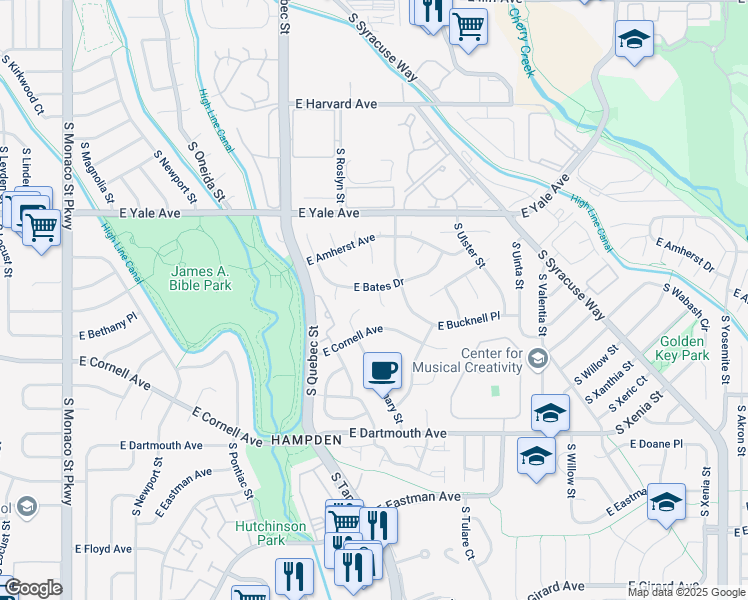 map of restaurants, bars, coffee shops, grocery stores, and more near 2923 South Reading Court in Denver