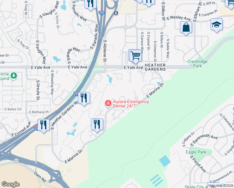 map of restaurants, bars, coffee shops, grocery stores, and more near 13961 East Marina Drive in Aurora