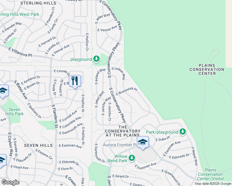 map of restaurants, bars, coffee shops, grocery stores, and more near 2896 South Killarney Way in Aurora