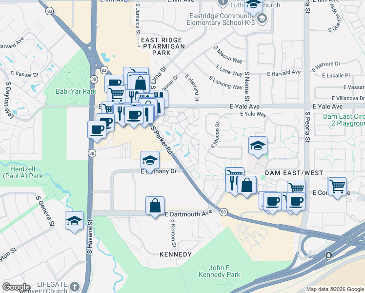 map of restaurants, bars, coffee shops, grocery stores, and more near 2875 South Lansing Way in Aurora