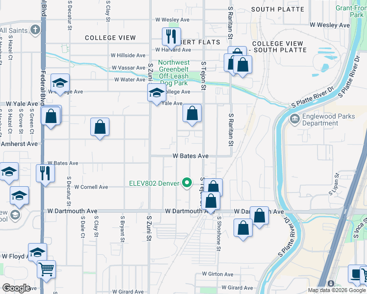 map of restaurants, bars, coffee shops, grocery stores, and more near 2890 South Vallejo Street in Englewood