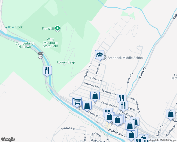 map of restaurants, bars, coffee shops, grocery stores, and more near 603 Piedmont Avenue in Cumberland