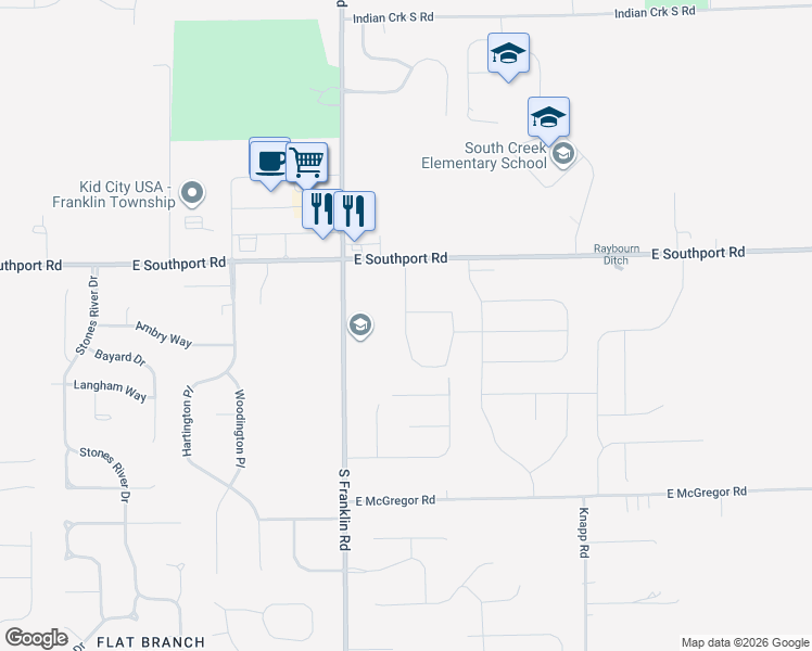 map of restaurants, bars, coffee shops, grocery stores, and more near 7155 Napier Drive in Indianapolis