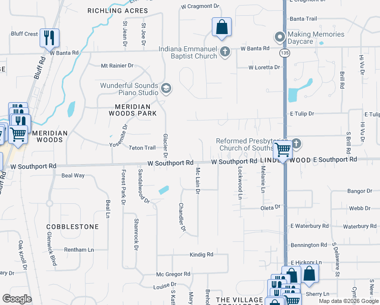 map of restaurants, bars, coffee shops, grocery stores, and more near 400 West Southport Road in Indianapolis