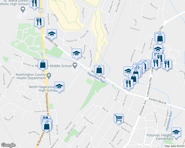 map of restaurants, bars, coffee shops, grocery stores, and more near 581 Northern Avenue in Hagerstown