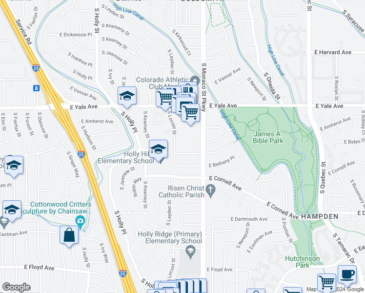 map of restaurants, bars, coffee shops, grocery stores, and more near 6434 East Bates Avenue in Denver
