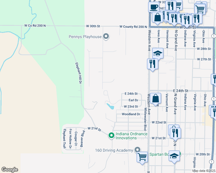 map of restaurants, bars, coffee shops, grocery stores, and more near 2400 North Eby Drive in Connersville