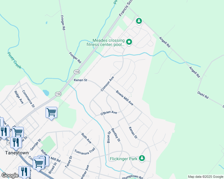 map of restaurants, bars, coffee shops, grocery stores, and more near 7 Bowie Mill Avenue in Taneytown