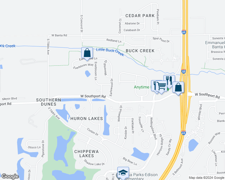 map of restaurants, bars, coffee shops, grocery stores, and more near 6909 Earlswood Drive in Indianapolis