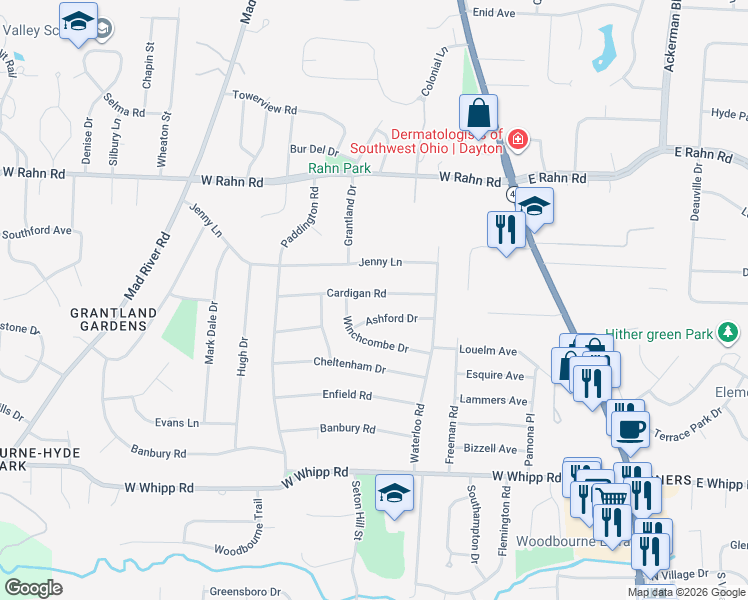 map of restaurants, bars, coffee shops, grocery stores, and more near 141 Ashford Drive in Woodbourne-Hyde Park