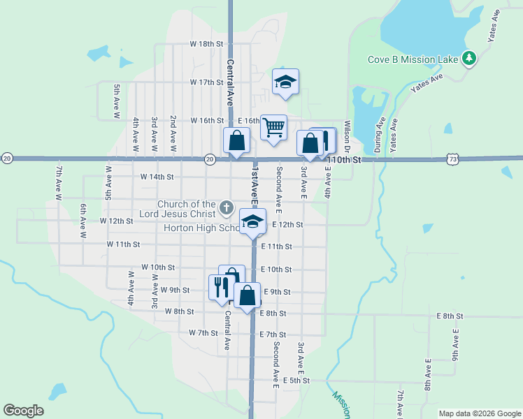 map of restaurants, bars, coffee shops, grocery stores, and more near 1201-1299 1st Avenue East in Horton