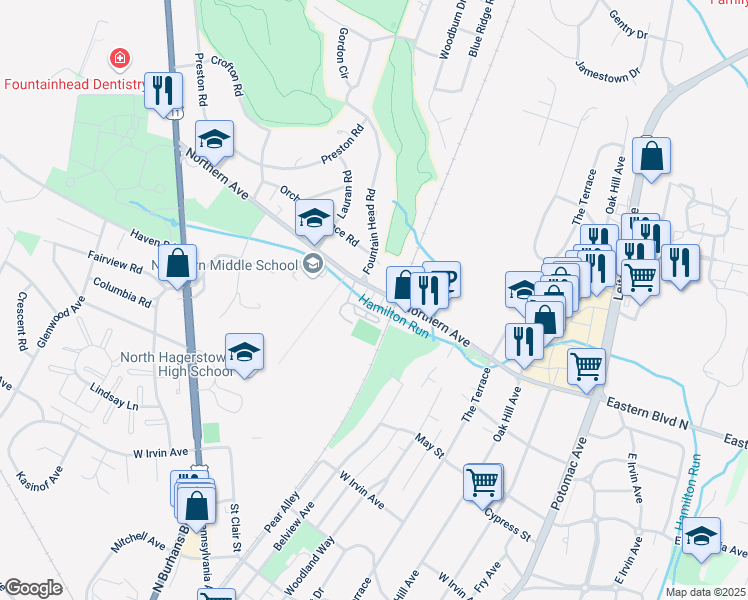 map of restaurants, bars, coffee shops, grocery stores, and more near 585 Northern Avenue in Hagerstown