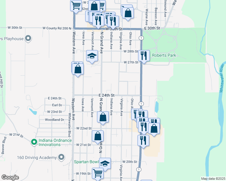 map of restaurants, bars, coffee shops, grocery stores, and more near 302 West 24th Street in Connersville