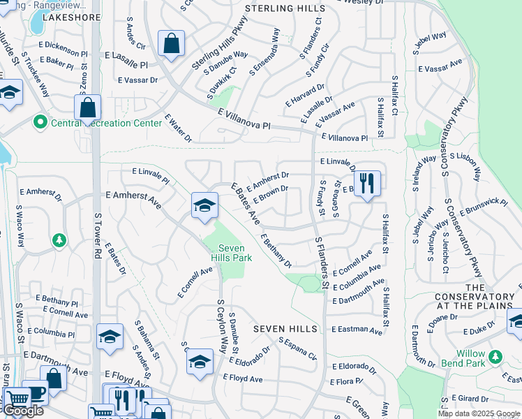 map of restaurants, bars, coffee shops, grocery stores, and more near 19397 East Brunswick Drive in Aurora