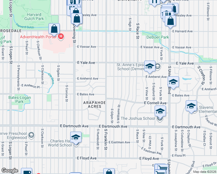map of restaurants, bars, coffee shops, grocery stores, and more near 2890 South Franklin Street in Denver