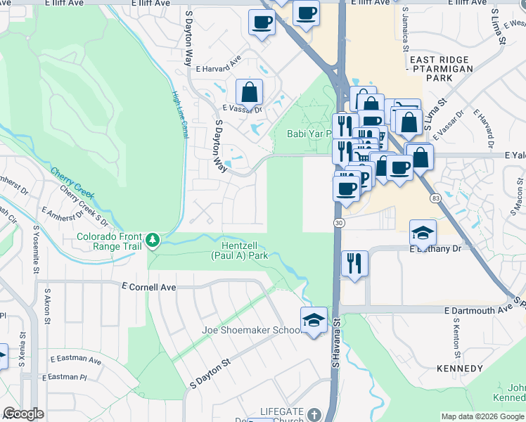 map of restaurants, bars, coffee shops, grocery stores, and more near The Park in Denver
