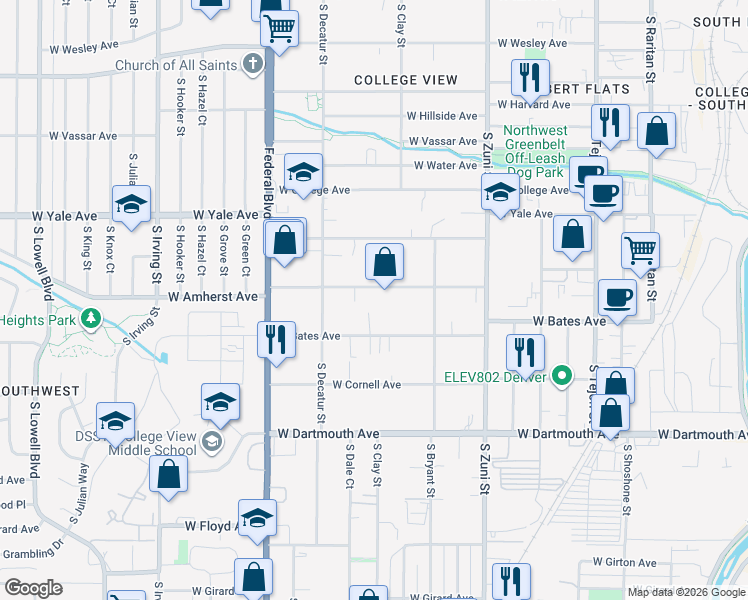 map of restaurants, bars, coffee shops, grocery stores, and more near 2754 West Amherst Avenue in Denver