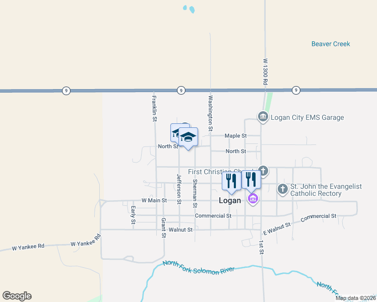 map of restaurants, bars, coffee shops, grocery stores, and more near 304-308 Jefferson Street in Logan