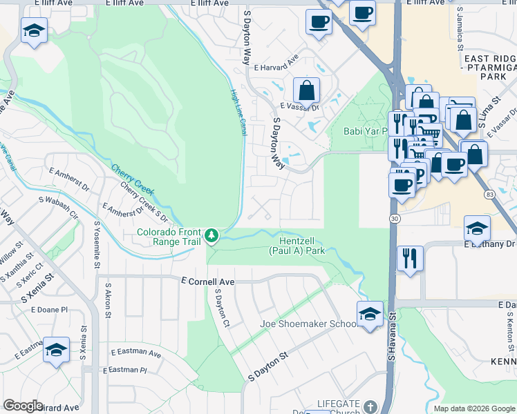 map of restaurants, bars, coffee shops, grocery stores, and more near 2777 South Elmira Street in Denver