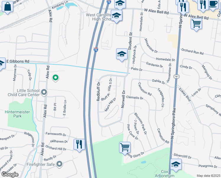 map of restaurants, bars, coffee shops, grocery stores, and more near 1659 Villa South Drive in West Carrollton