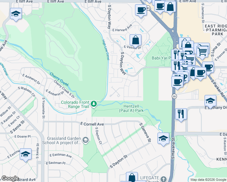 map of restaurants, bars, coffee shops, grocery stores, and more near 2777 South Elmira Street in Denver
