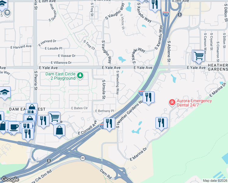 map of restaurants, bars, coffee shops, grocery stores, and more near 2875 South Vaughn Way in Aurora