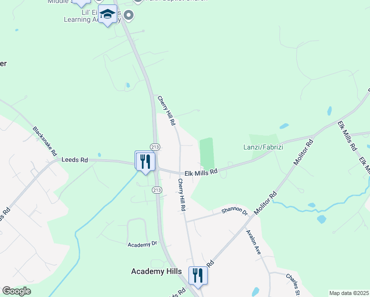 map of restaurants, bars, coffee shops, grocery stores, and more near 309 Cherry Hill Road in Elkton