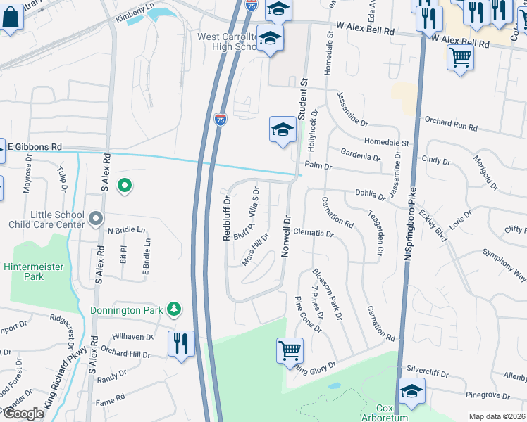 map of restaurants, bars, coffee shops, grocery stores, and more near 1662 Mars Hill Drive in Dayton