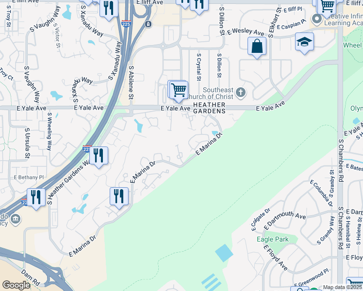 map of restaurants, bars, coffee shops, grocery stores, and more near 14001 East Marina Drive in Aurora