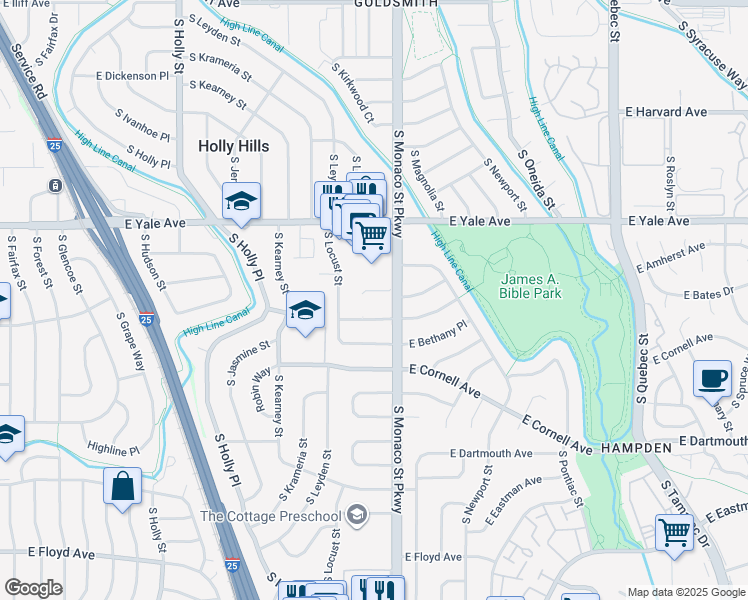 map of restaurants, bars, coffee shops, grocery stores, and more near 6434 East Bates Avenue in Denver