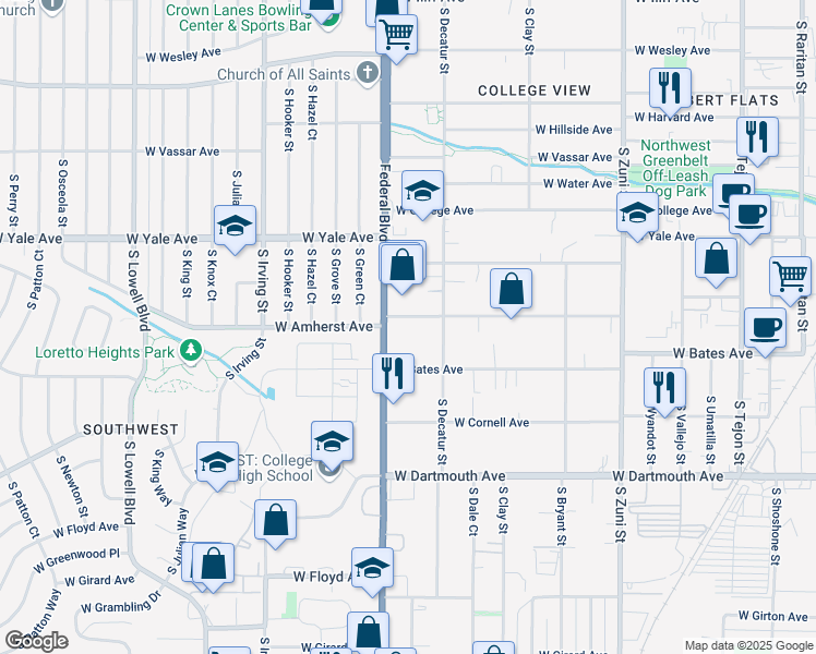 map of restaurants, bars, coffee shops, grocery stores, and more near 2850 South Federal Boulevard in Denver