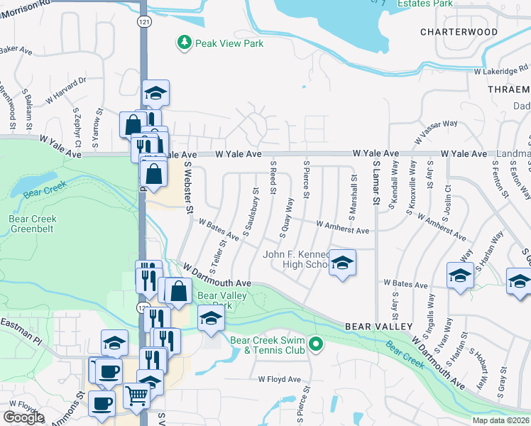 map of restaurants, bars, coffee shops, grocery stores, and more near 2820 South Reed Street in Denver