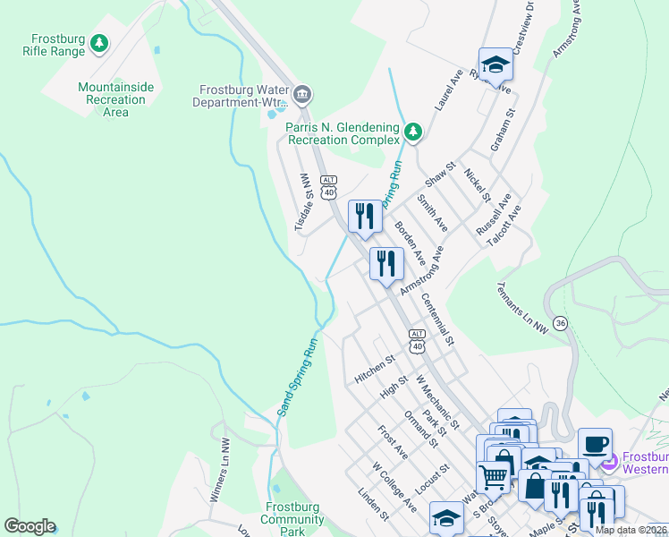 map of restaurants, bars, coffee shops, grocery stores, and more near 19119 Wencks Lane Southwest in Frostburg