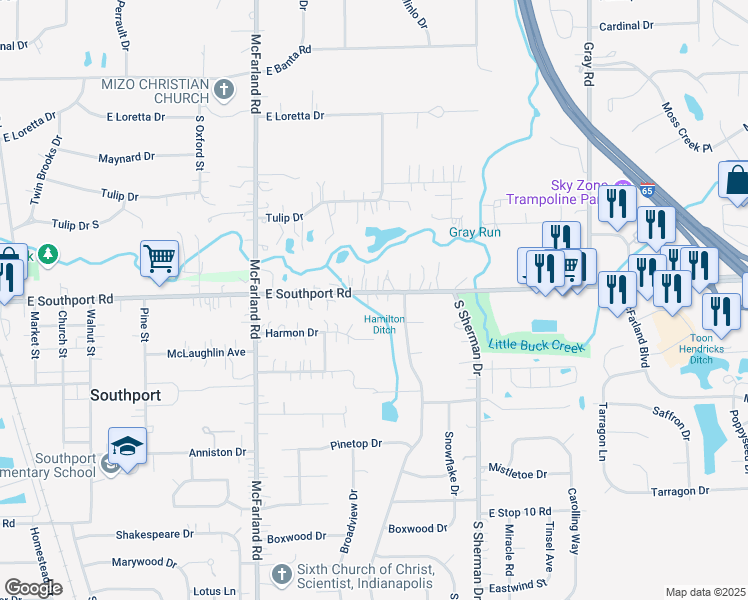 map of restaurants, bars, coffee shops, grocery stores, and more near 7015 Harmon Court in Indianapolis