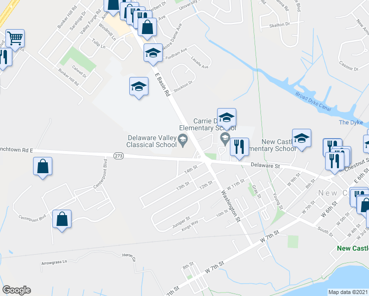 map of restaurants, bars, coffee shops, grocery stores, and more near 901 East Basin Road in New Castle