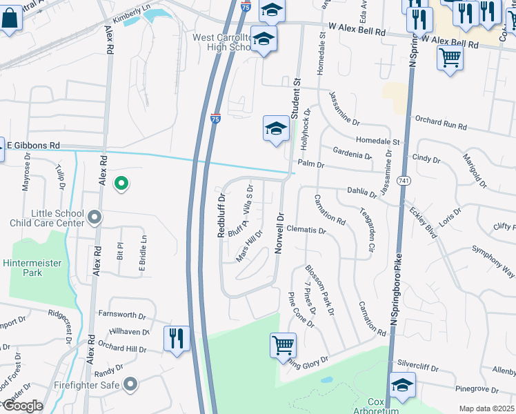 map of restaurants, bars, coffee shops, grocery stores, and more near 1662 Mars Hill Drive in Dayton